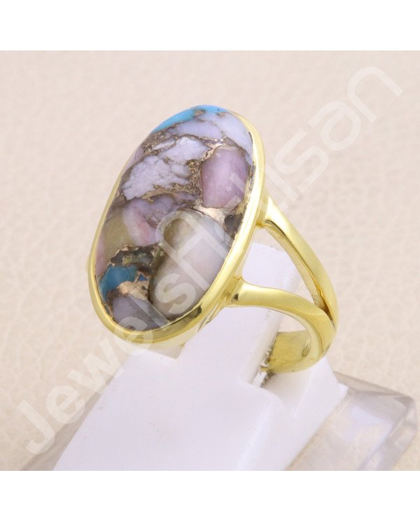 Solid Silver Ring Pink Spiny Oyster Turquoise Ring Gold-Plated Ring