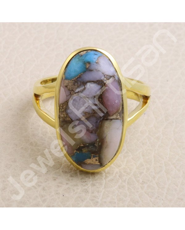 Solid Silver Ring Pink Spiny Oyster Turquoise Ring Gold-Plated Ring