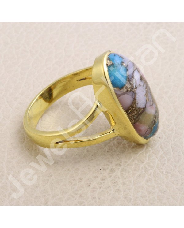 Solid Silver Ring Pink Spiny Oyster Turquoise Ring Gold-Plated Ring