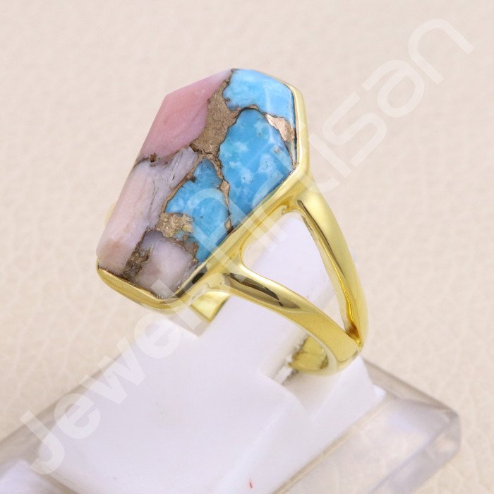 Gold Vermeil Pink Spiny Oyster Turquoise Ring