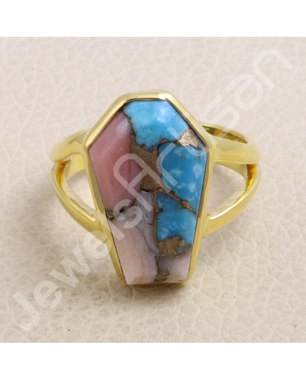Gold Vermeil Pink Spiny Oyster Turquoise Ring