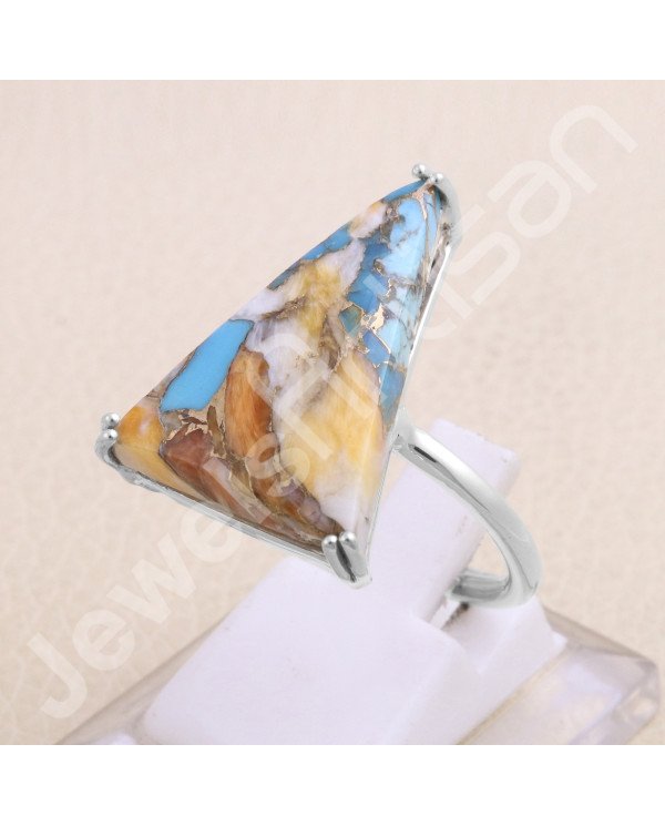 925 Sterling Silver Orange Spiny Oyster Turquoise Ring