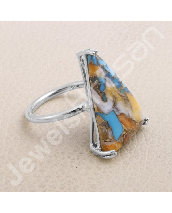 925 Sterling Silver Orange Spiny Oyster Turquoise Ring
