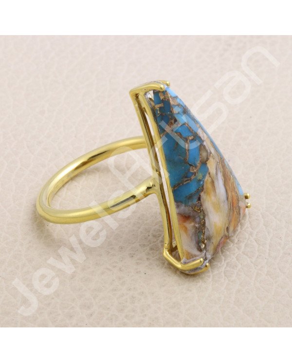 Orange Spiny Oyster Turquoise Gold Vermeil Ring