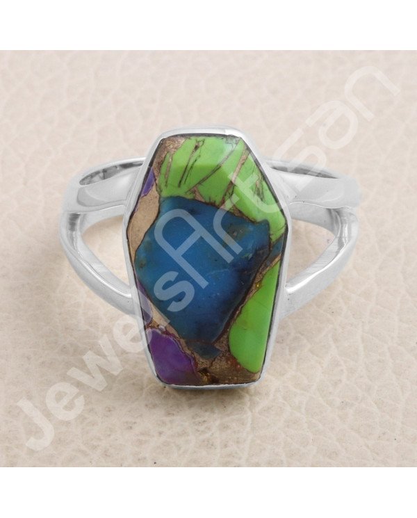 925 Sterling Silver Green Purple Copper Mohave Turquoise Ring