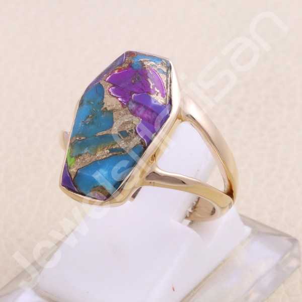 Green Purple Copper Turquoise Ring Rose Gold Plated Ring Solitaire Ring
