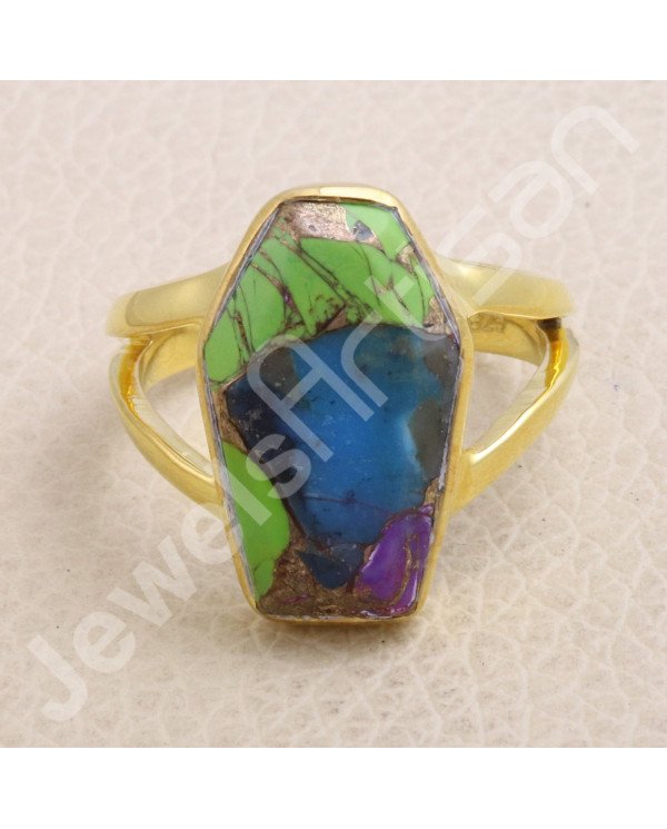 18K Gold Vermeil Green Purple Copper Turquoise Ring