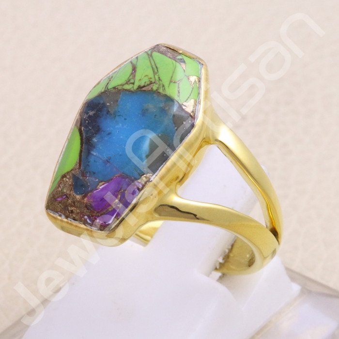 18K Gold Vermeil Green Purple Copper Turquoise Ring