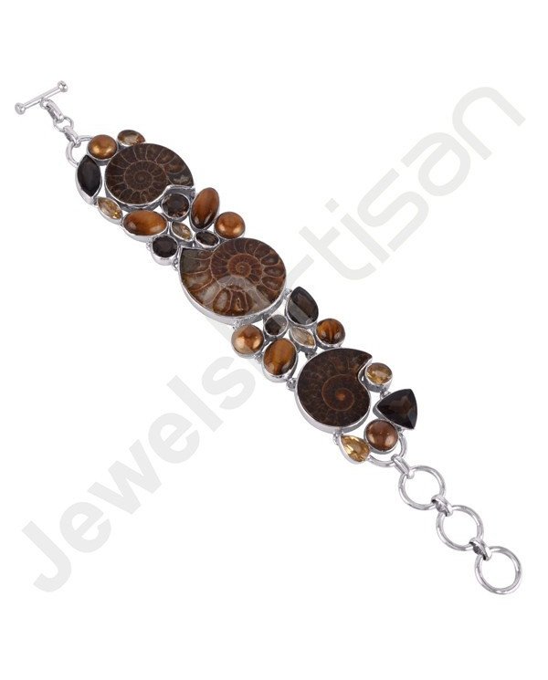 Fossil Ammonite Bracelet Multi Gemstone Bracelet 925 Silver Bracelet