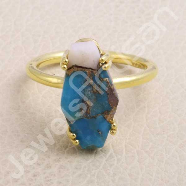 Gold Plated Ring Pink Spiny Oyster Turquoise Ring Solid Silver Ring