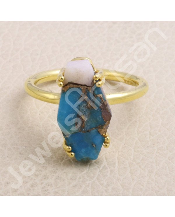 Pink Spiny Oyster Turquoise Gold Vermeil 925 Solid Silver Ring