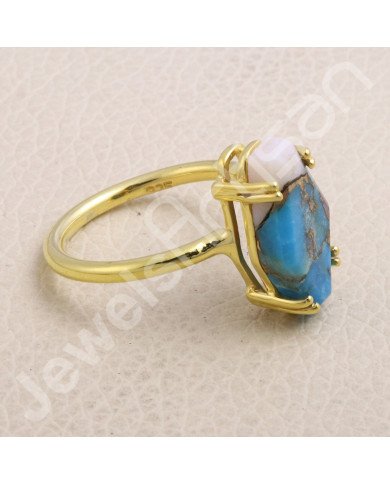 Pink Spiny Oyster Turquoise Gold Vermeil 925 Solid Silver Ring