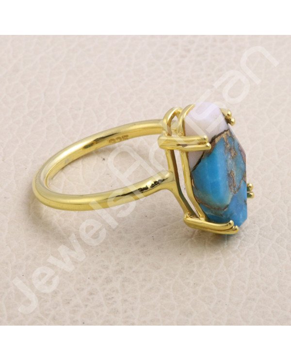 Pink Spiny Oyster Turquoise Gold Vermeil 925 Solid Silver Ring