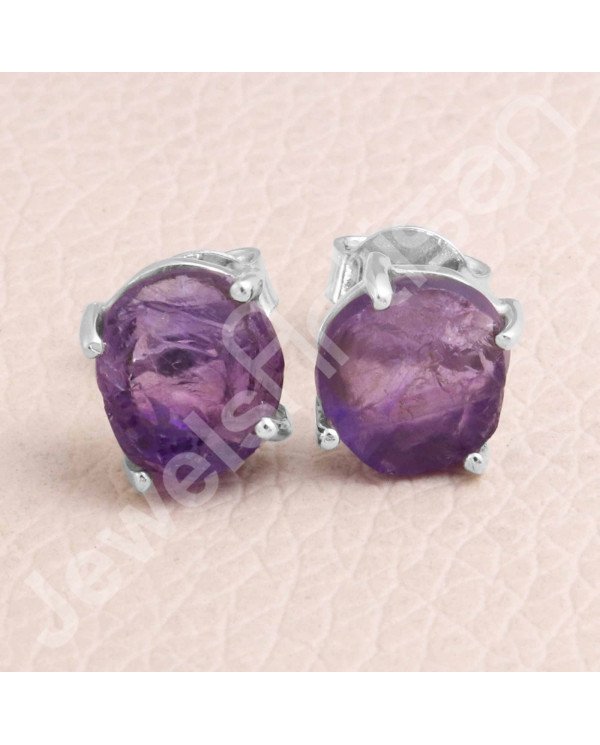 925 Sterling Silver Amethyst Raw Gemstone Stud Earrings