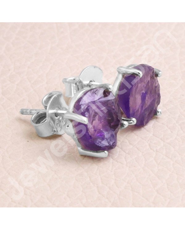 925 Sterling Silver Amethyst Raw Gemstone Stud Earrings