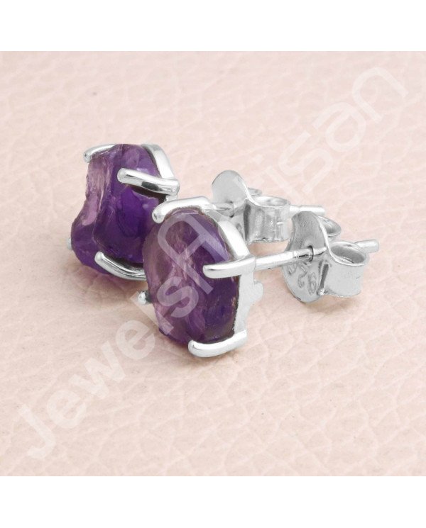 925 Sterling Silver Amethyst Raw Gemstone Stud Earrings