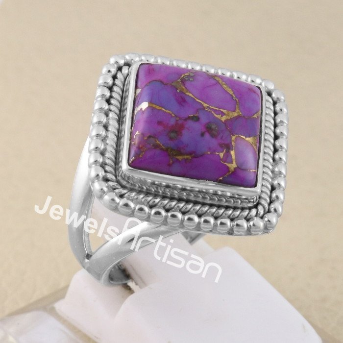 925 Sterling Silver Purple Copper Turquoise Statement Ring