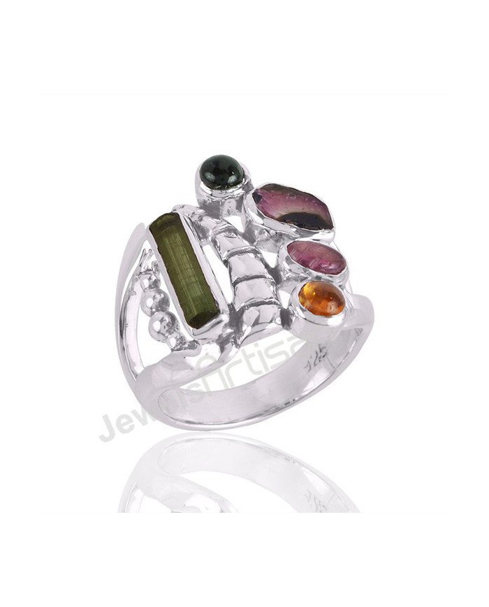 Natural Multi Tourmaline Gemstone Ring 925 Sterling Silver Ring
