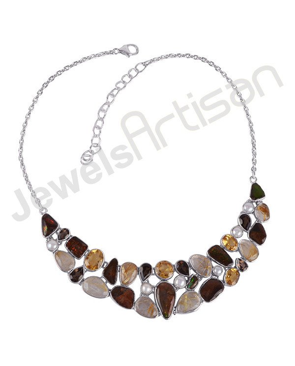 Amolite Citrine Pearl and Rutilated Yellow Rutile Quartz Solid Silver Necklace