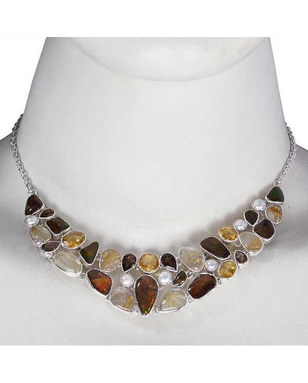 Amolite Citrine Pearl and Rutilated Yellow Rutile Quartz Solid Silver Necklace