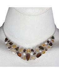Amolite Citrine Pearl and Rutilated Yellow Rutile Quartz Solid Silver Necklace