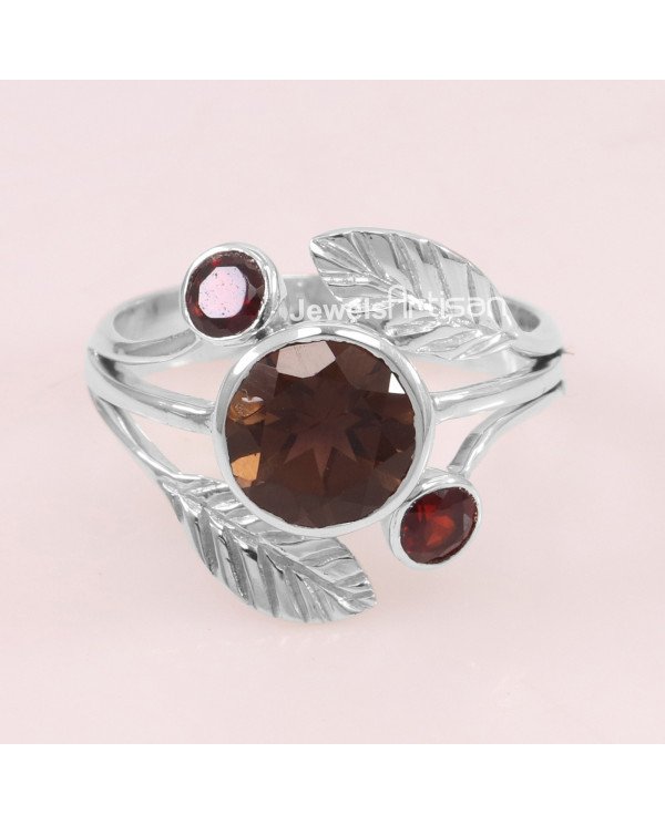 Smoky Quartz, Garnet 925 Sterling Silver Ring