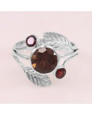 Smoky Quartz, Garnet 925 Sterling Silver Ring