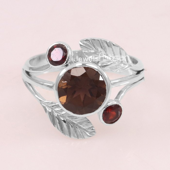 Smoky Quartz, Garnet 925 Sterling Silver Ring