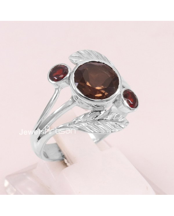Smoky Quartz, Garnet 925 Sterling Silver Ring