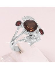 Smoky Quartz, Garnet 925 Sterling Silver Ring