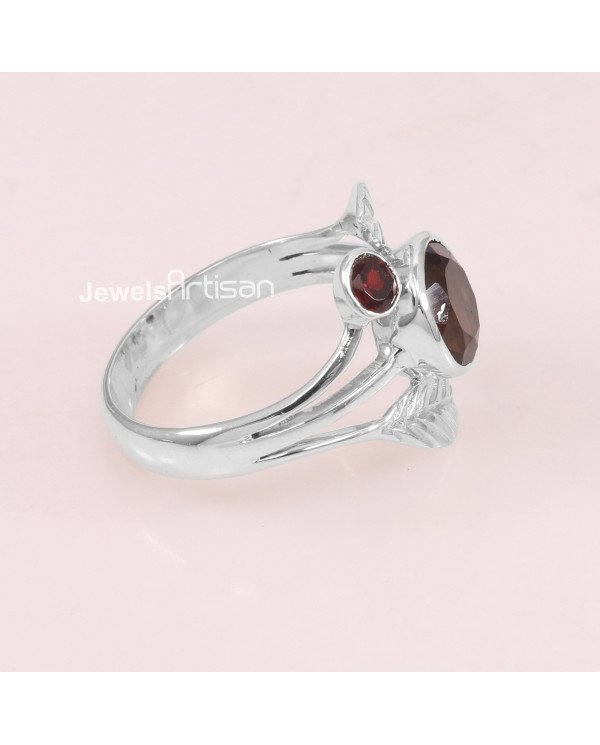 Smoky Quartz, Garnet 925 Sterling Silver Ring