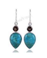 Blue Turquoise Gemstone Earrings Smoky Quartz Earrings Silver Earrings