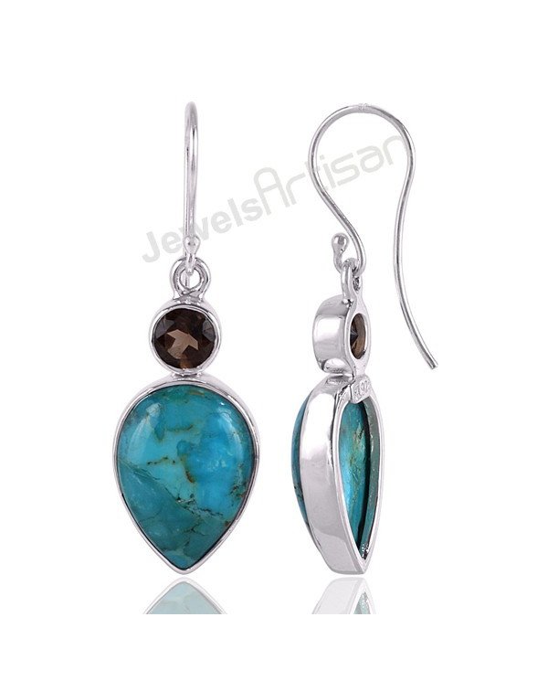 Blue Turquoise Gemstone Earrings Smoky Quartz Earrings Silver Earrings