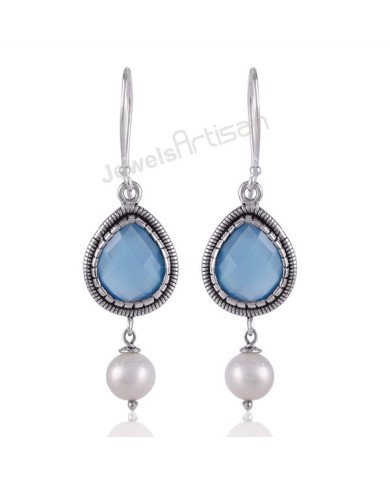 Blue onyx earring pearl earring 925 sterling silver earring.