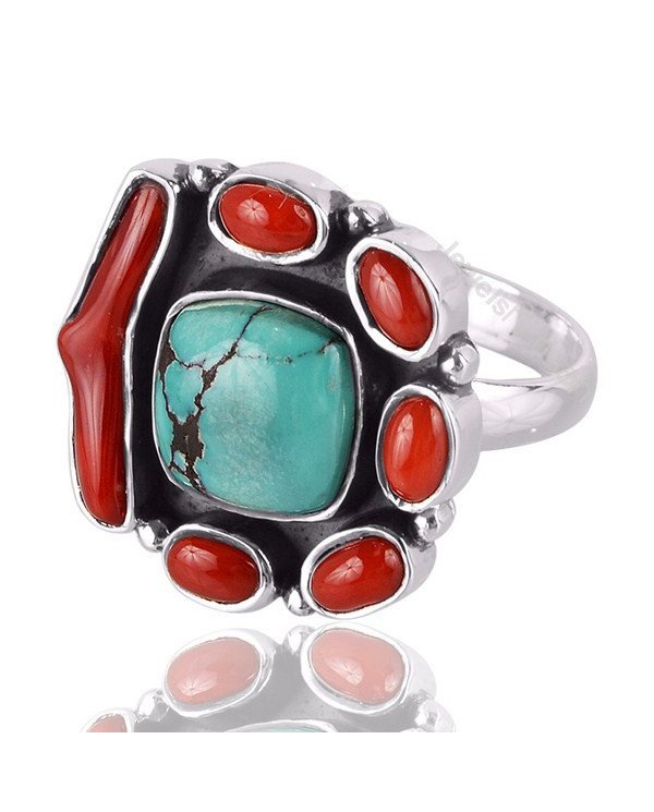 Tibetan Turquoise And Coral Gemstone Silver Statement Ring