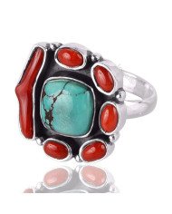 Tibetan Turquoise And Coral Gemstone Silver Statement Ring