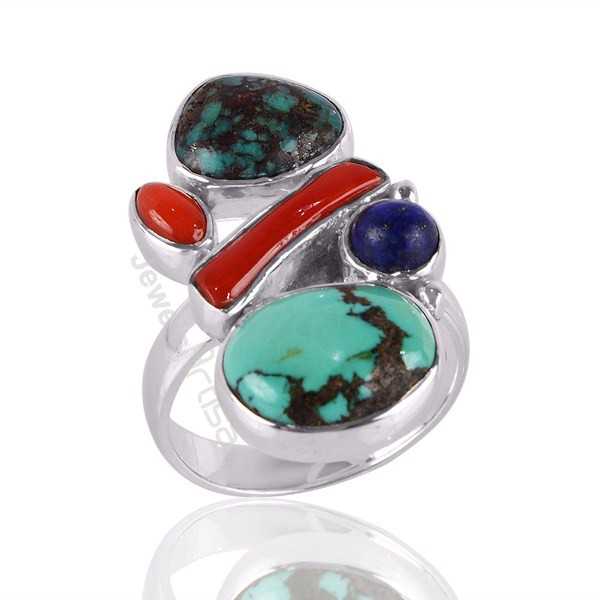 Tibetan Turquoise Handcrafted Gemstone Statement Silver Ring