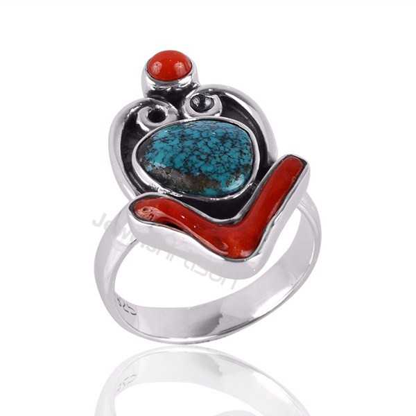 Coral And Tibetan Turquoise Gemstone Statement Silver Ring