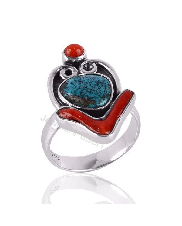 Coral And Tibetan Turquoise Gemstone Statement Silver Ring