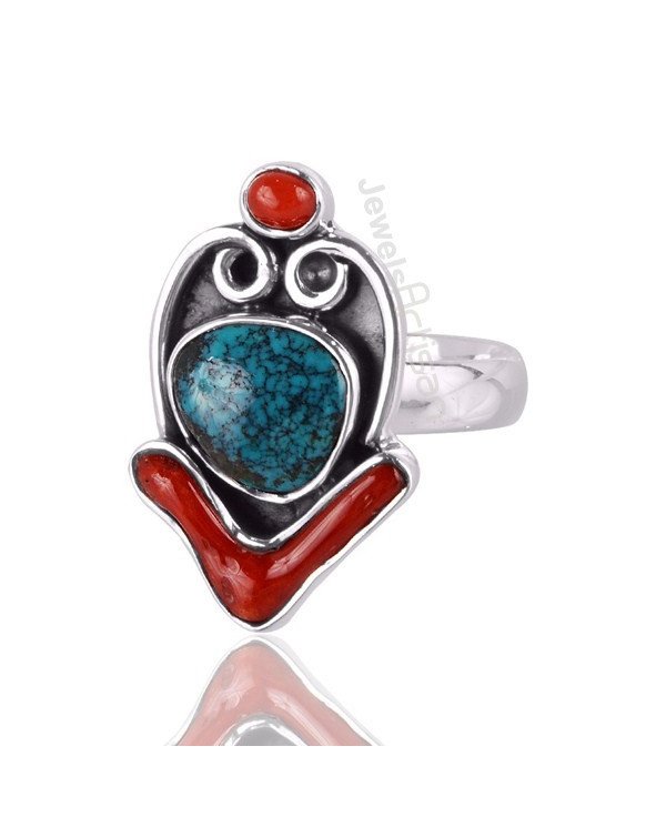 Coral And Tibetan Turquoise Gemstone Statement Silver Ring