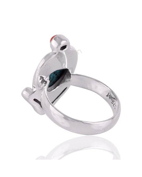 Coral And Tibetan Turquoise Gemstone Statement Silver Ring
