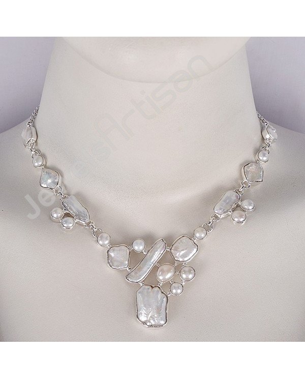 925 Sterling Silver Necklace Biwa Pearl Necklace Handmade Necklace
