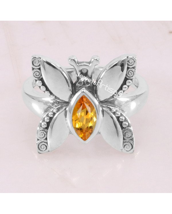 Citrine November Birthstone 925 Sterling Silver Butterfly Ring