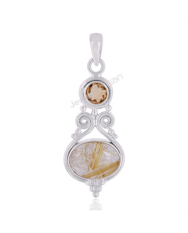 Rutilated Quartz & Citrine Pendant | 925 Sterling Silver Handmade Elegance