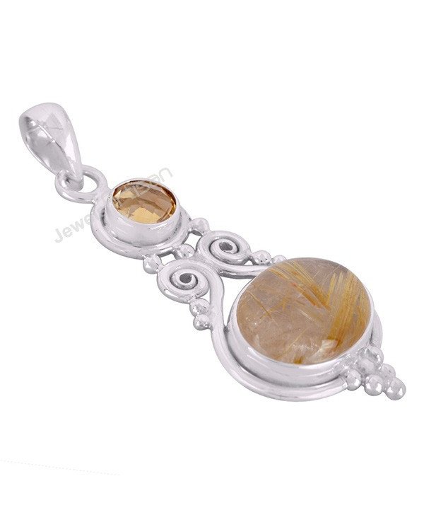 Rutilated Quartz & Citrine Pendant | 925 Sterling Silver Handmade Elegance