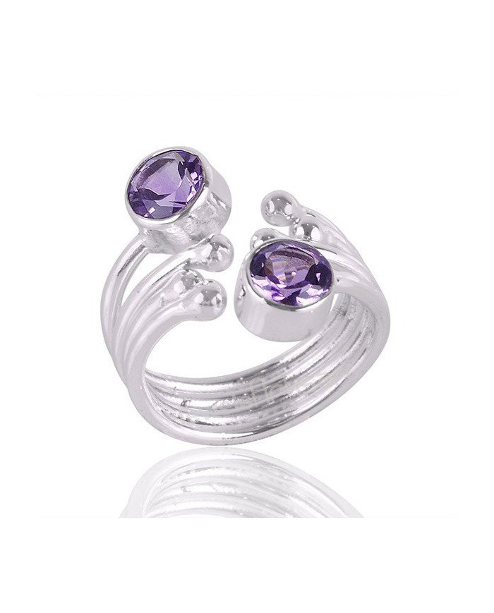 Amethyst Gemstone Handmade Open Adjustable Statement Silver Ring
