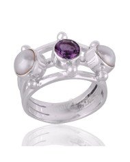 Amethyst and Pearl Gemstone Handcrafted Statement Silver Ring