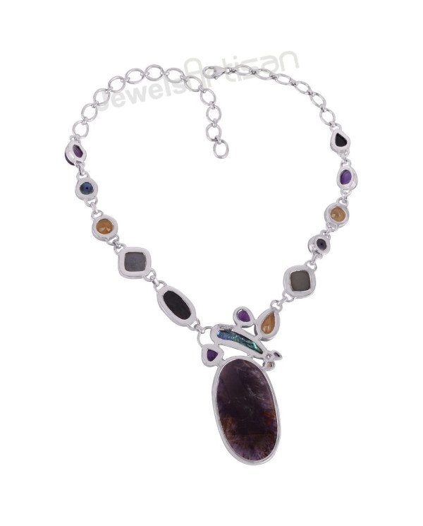Multi Gemstone Necklace Cacoxenite Necklace 925 Sterling Silver Necklace