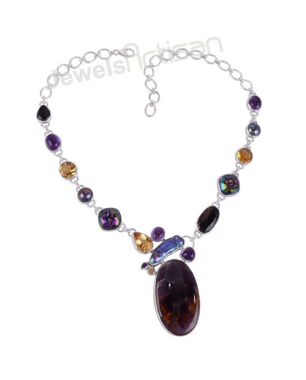 Multi Gemstone Necklace Cacoxenite Necklace 925 Sterling Silver Necklace