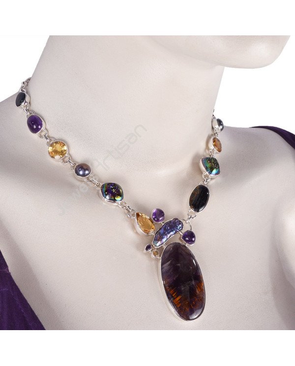 Multi Gemstone Necklace Cacoxenite Necklace 925 Sterling Silver Necklace